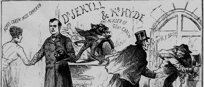Sketch drawing of Dr. Jekyll and Mr. Hyde. The drawing shows Dr. Jekyll shaking hands with Agnes Carew, and Mr. Hyde speaking with an unnamed man.