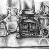 black and white still life drawing of cups, jugs and vases