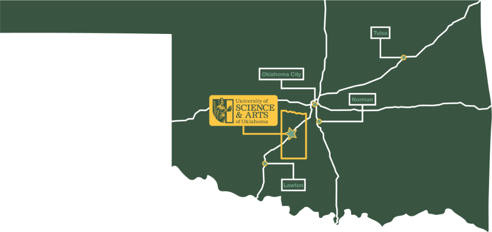 Illustrated map of Oklahoma with Science & Arts highlighted.