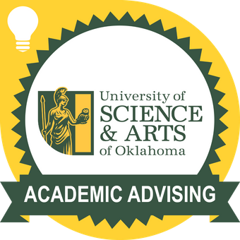 yellow badge with green ribbon and white lightbulb icon that reads "academic advising"