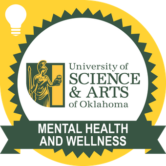 yellow badge with green ribbon and white lightbulb icon that reads "mental health and wellness"