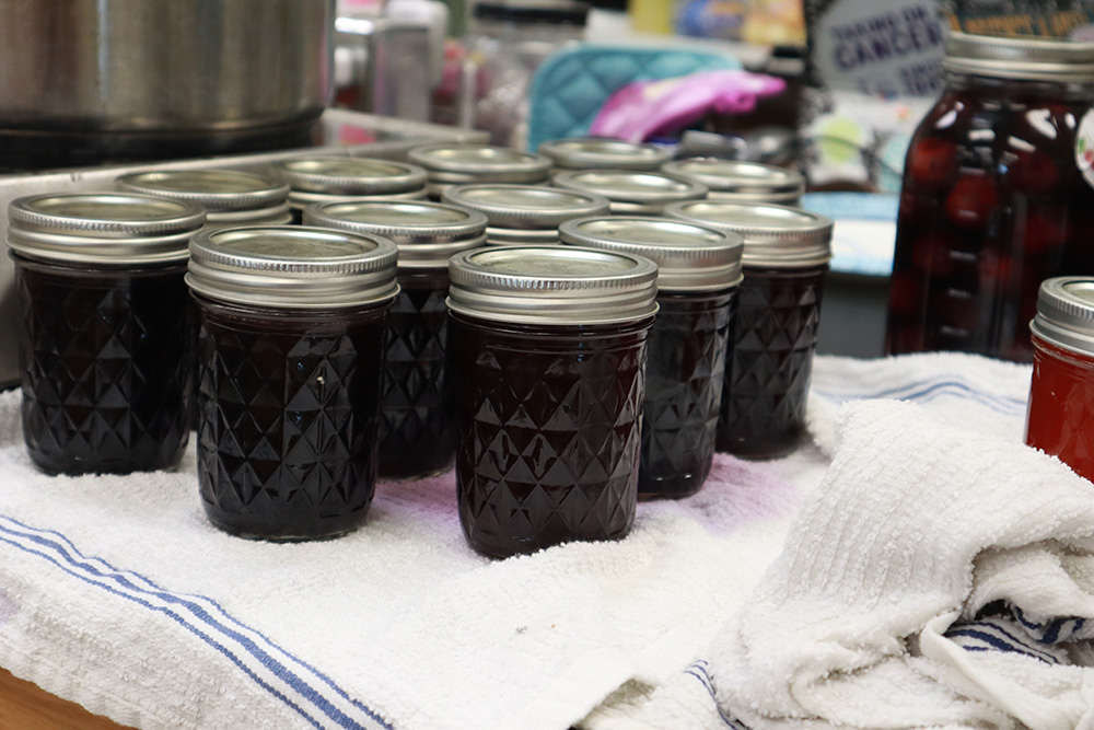 Jars arranged in rows with purple jam inside