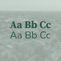Letters overlaid on a light green image of campus from aerial view