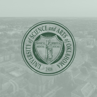 University seal overlaid on a light green image of campus from aerial view