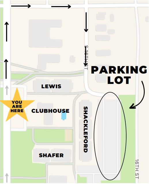 Map of move-in parking areas for Lawson Hall. This area is made up of four buildings. From North to South, the first three are Lewis, the Clubhouse, and Shafer. The fourth building, Shackeford is to the east of both the Clubhouse and Shafer. Most parking is available next to Shackleford. There is some limited parking off of 17th street, on the other (West) side of the Lawson buildings. You can access the Shackeford parking by driving North on 17th Street, turning right onto Alabama, and then right again onto 16th Street.