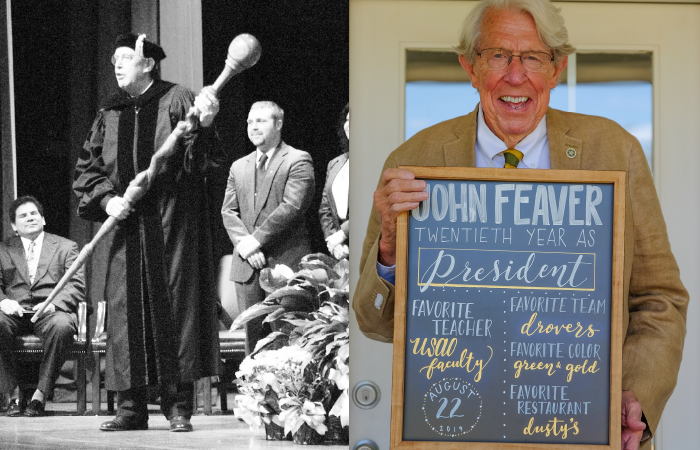 President Feaver's inauguration picture next to a picture celebrating his 20th anniversary. He's holding a sign that tells his favorite things about the university.