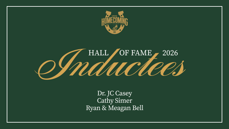 Hall of Fame Inductees 2026, Dr. JC Casey, Cathy Simer, Ryan and Meagan Bell, in script font, in front of a green background. 