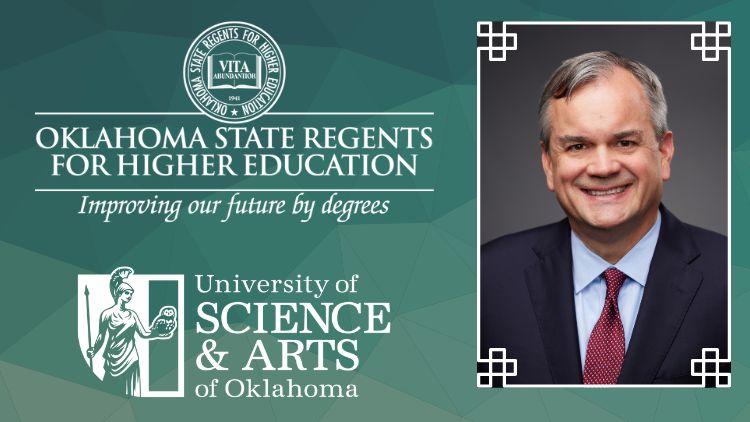 Dr. Kayla Hale, president of the University of Science & Arts of Oklahoma, congratulates Sean Burrage on being unanimously named the next chancellor of the Oklahoma State System of Higher Education. 