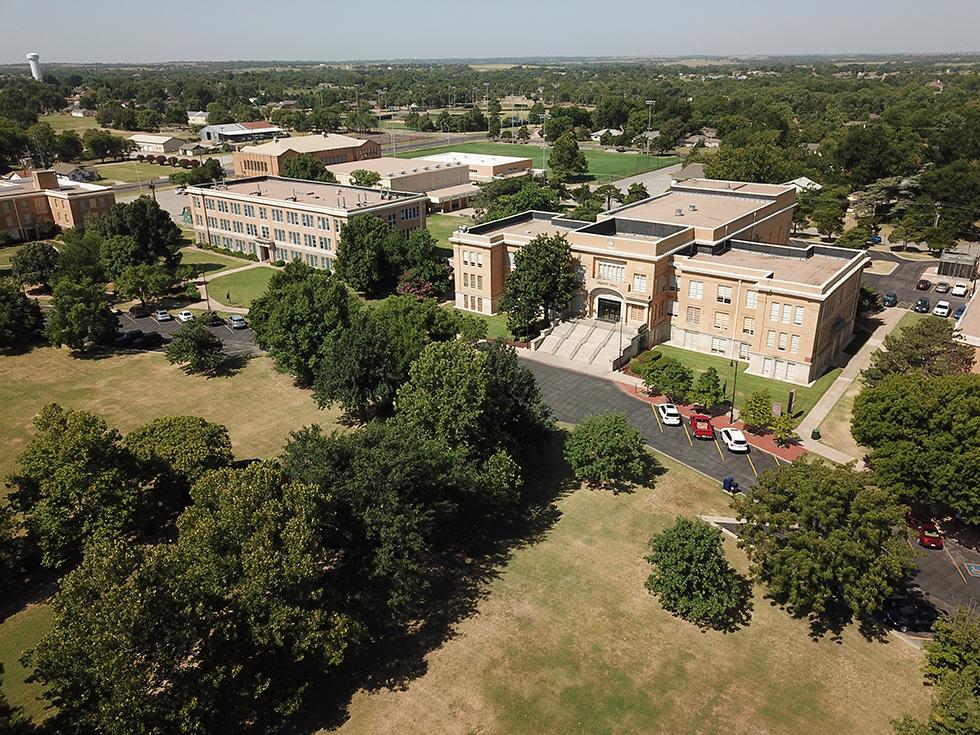 An aerial photo of the Science & Arts campus including Troutt Hall, Austin Hall and the old gymnasium