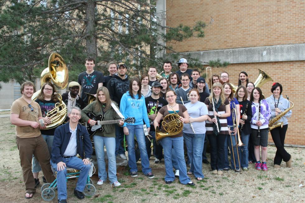 Picture of band in front of Davis Hall 