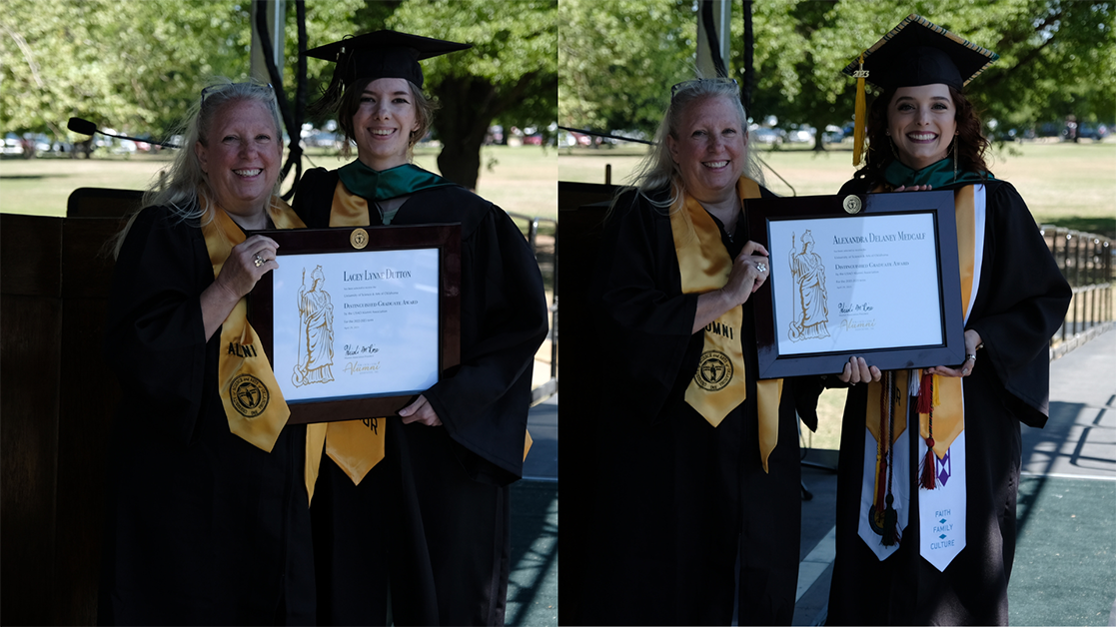 Side by side photos of Heidi Rice, president of the Alumni Association, presenting the Distinguished Graduate Award plaques to Lacey Lynne Dutton on the left and Alexandra Delaney Medcalf on the right