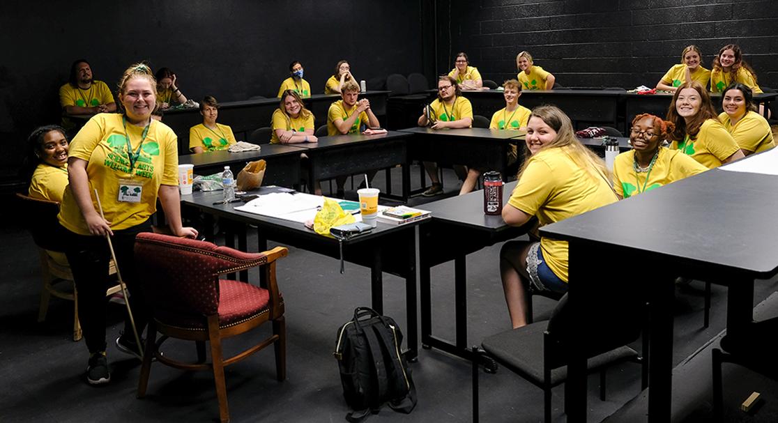 A group of new students attend a freshmen orientation session in the Davis Hall black box theatre at USAO.
