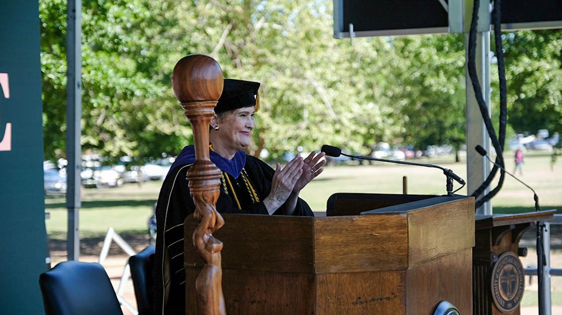 Allison Garrett, chancellor of the Oklahoma State Regents for Higher Education, giving the keynote address during USAO's 2023 commencement ceremony.