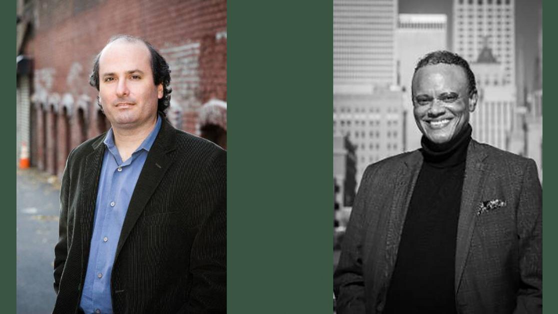 A headshot of David Grann on the left and a headshot of Hannibal Johnson on the right set against a green background