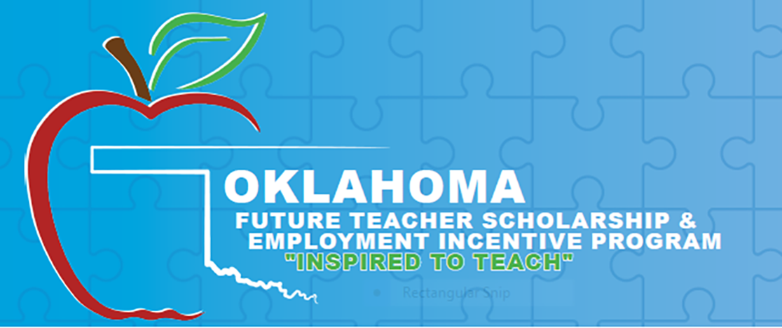 Graphic with the outline of an apple surrounding the text Oklahoma Future Teacher Scholarship and Employment Incentive Program "Inspired to Teach" over a background of blue puzzle pieces
