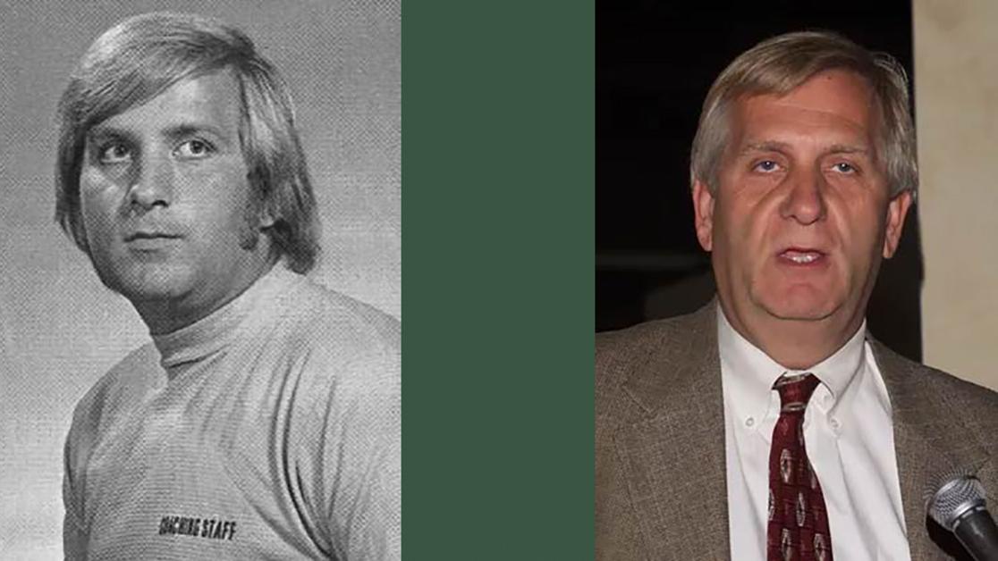 On the left, a black and white headshot of John Hudson in his coaching uniform in the early 1970s; and on the right, a photo of John Hudson giving a speech in his role as SAC commissioner in the 2000s