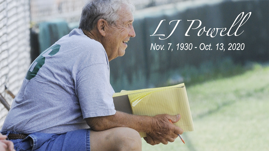 A photo of legendary Drover baseball coach LJ Powell with his years, 11/7/1930 to 10/13/2020