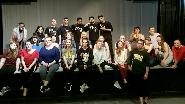 USAO students are joined by Dance Instructor Emily Hector-Godwin and guests from local dance schools for a hip-hop workshop with FLY Dance Company in February 2018 in the Davis Hall Little Theatre.  