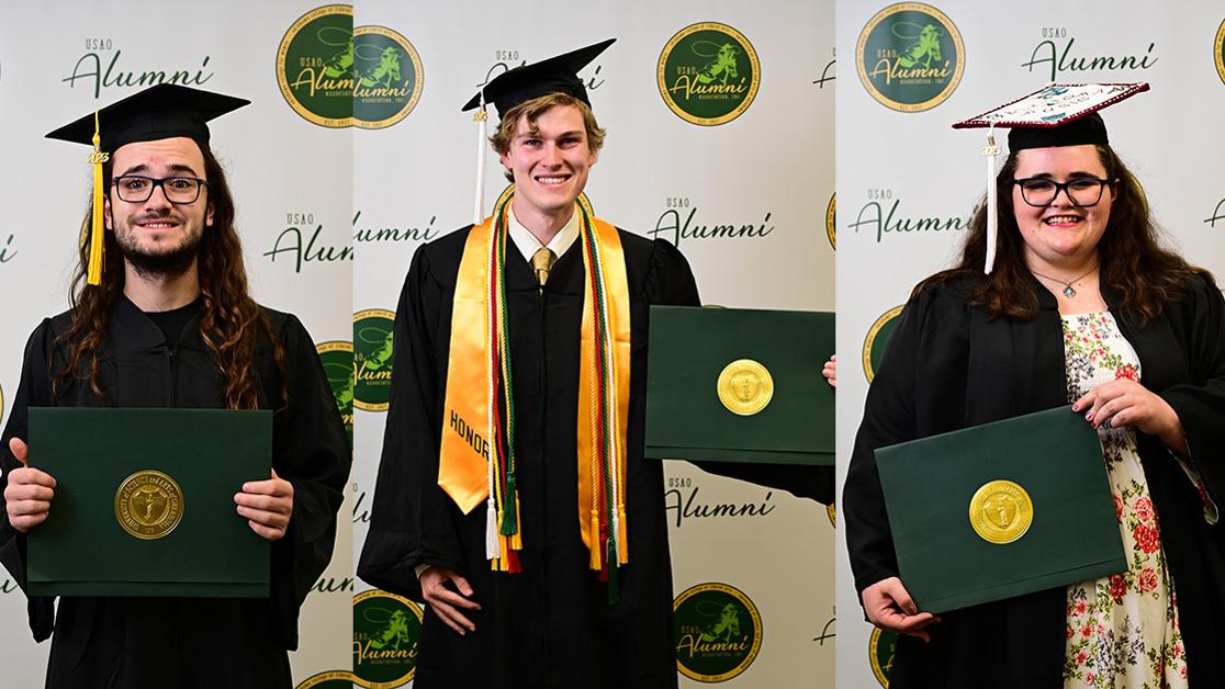 Cap and gown photos of Thomas Gage Burke, Jensen Link, Caitlyn Mainord, and, who all received their bachelor's degree at the 2023 commencement ceremony