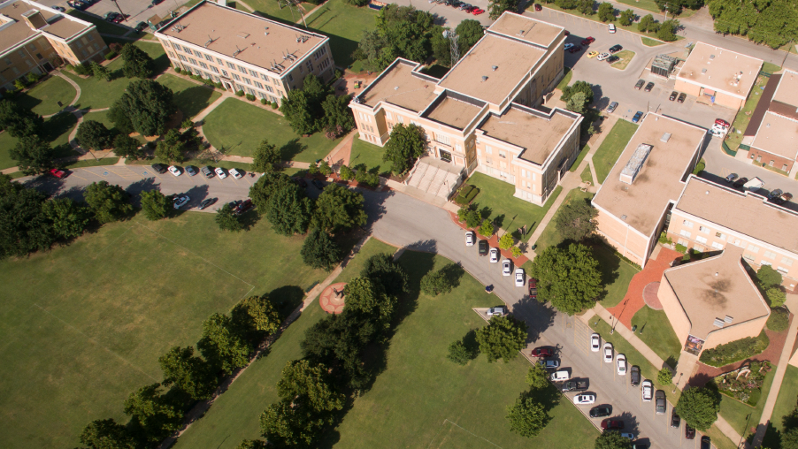An aerial photo of the Oval and Troutt Hall