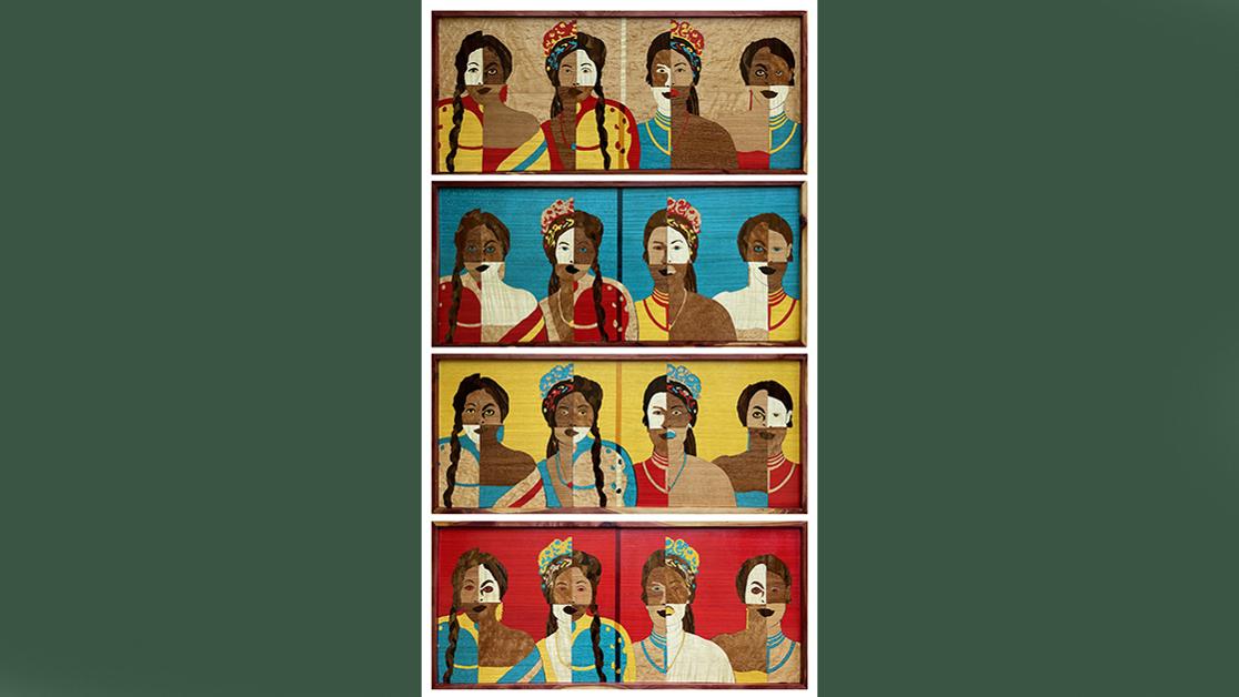 A piece entitled "Connecting the Power 1" by artist Greg Standridge, part of the un(SEEN) exhibition, featuring four panels each with four women with four ethnic characteristics blending differently in each panel
