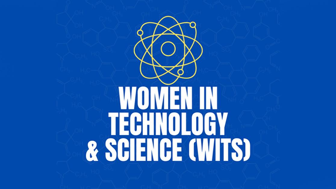 Graphic for the 2022 WITS workshop featuring chemical formulas on a blue background with the text "Women in Technology and Science" in the foreground.